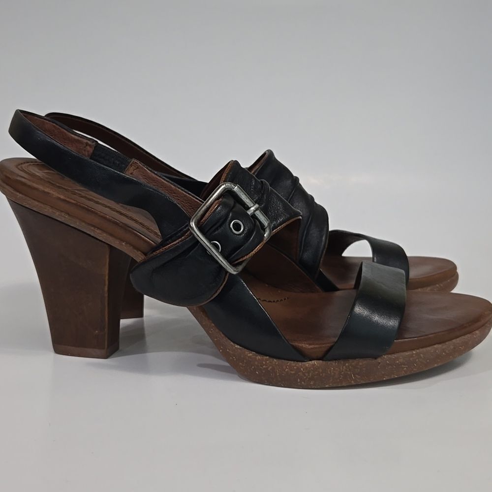 Naya Alamosa Black Leather Sling Back Sandals Block Heel Sz 9.5 Buckle Strappy‎